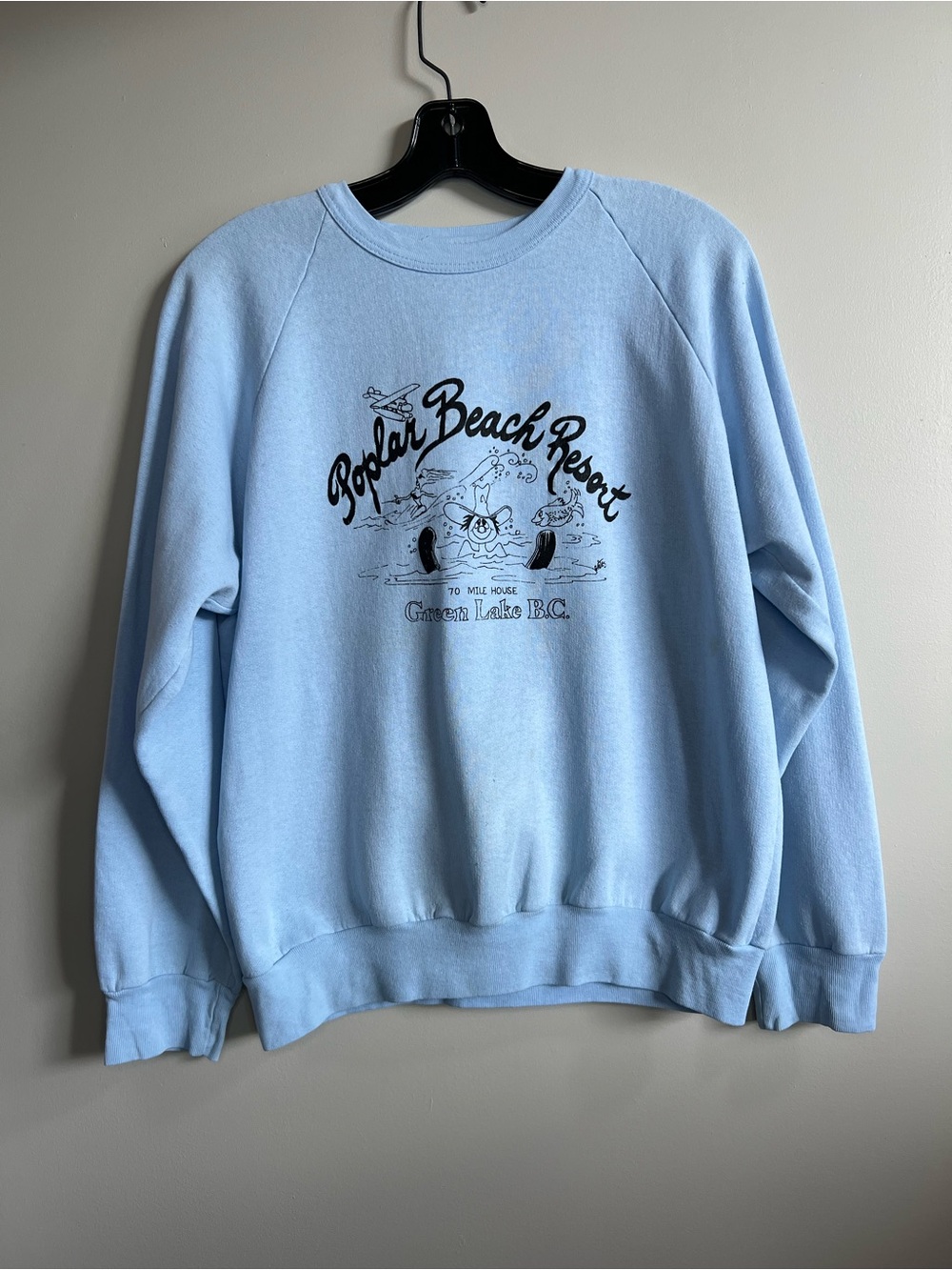 Vintage Poplar Beach Resort Crewneck Sweatshirt Green Lake BC Light Blue Large